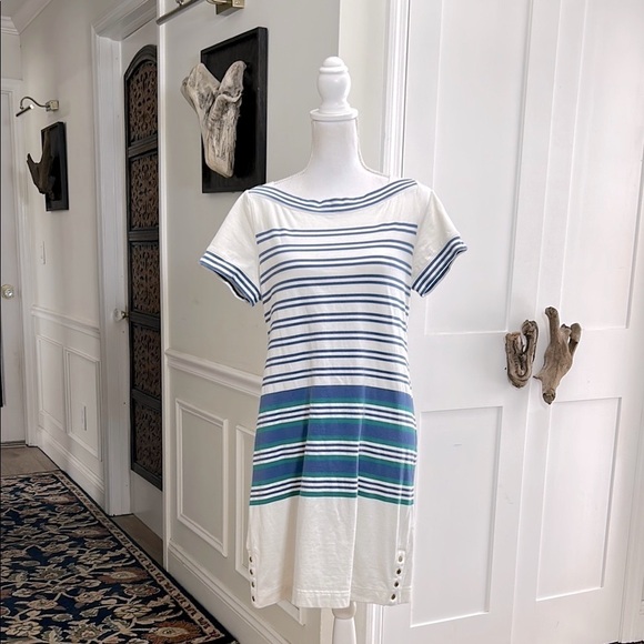 Nautical Breton Stripe Cotton Shift Dress Boat Neck Coastal Preppy XL - Picture 2 of 11